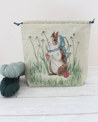 Daisy the Knitting Rabbit | Project Bag | Drawstring Bag